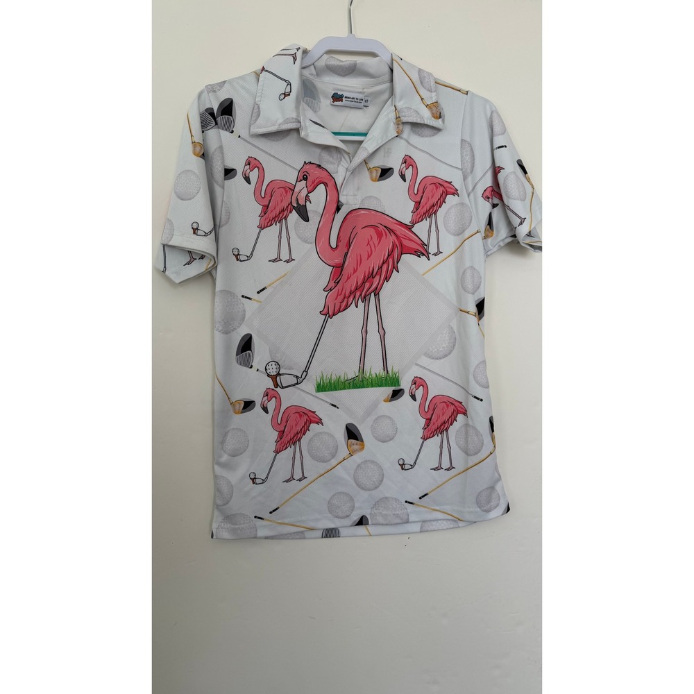 Bring Art To Life Flamingo Golf Polo Shirt White Pink Short Sleeve Size Small
